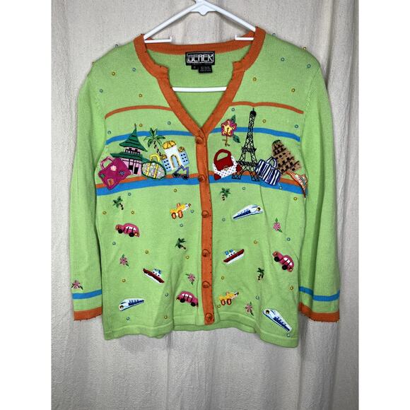 1990s Berek Lime Green World Travel Fashion Glam Maximalist Tourist Cardigan S - Picture 1 of 8